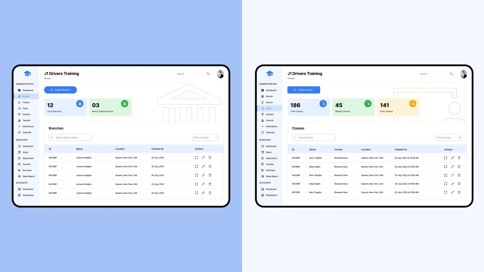 J1 Drivers Training - Branch and Class Management Dashboards