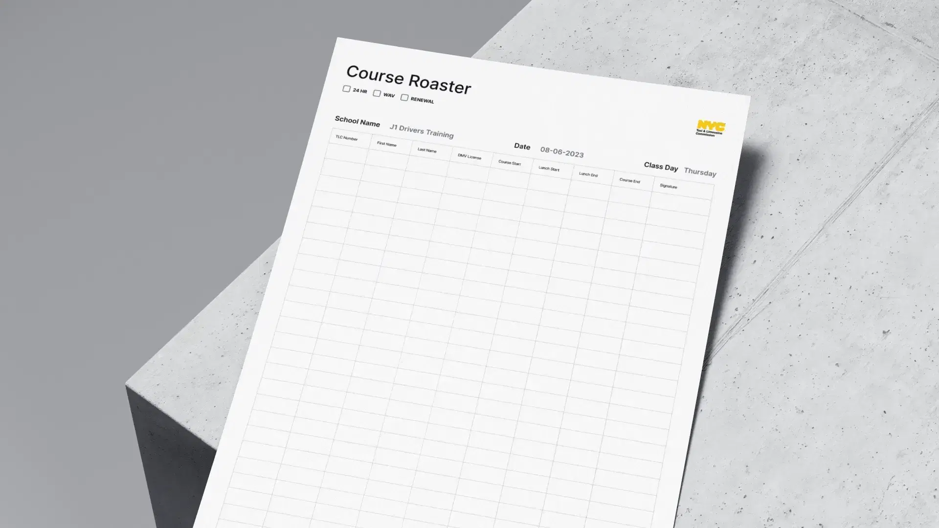 J1 Drivers Training - Course Roaster Document